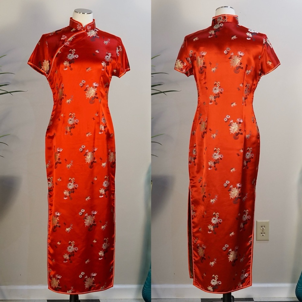 Vintage Chinese qipao red maxi traditional dress cheongsam 38